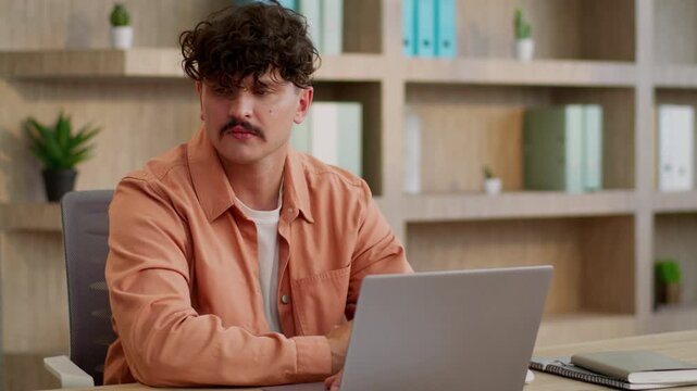 Caucasian business man frustrated looking in laptop screen receive bad news notification reject bank email businessman upset with computer feeling tired guy male suffering work stress job in office