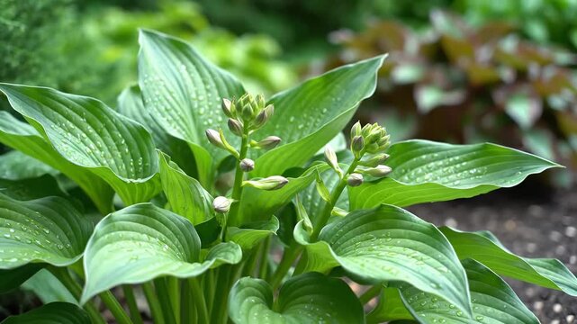 Closeup of a lush green hosta plant with emerging flower buds in a garden setting with soft natural light and blurred background.