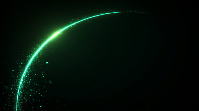 premium emerald neon light swoosh forming elegant curved arc, futuristic abstract background with green glowing particles and motion blur, cinematic high tech light trail in dark space