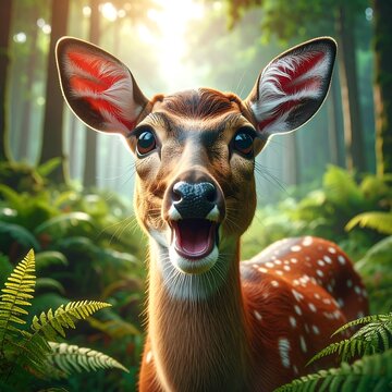 A close-up portrait of a young deer with a surprised and happy expression in a forest