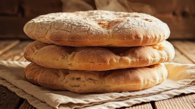 Stack of freshly baked flatbreads on wooden surface