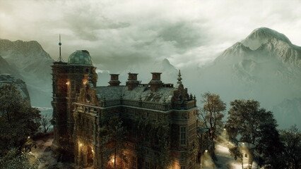 Fogshrouded alpine stronghold rising above pines at dawn, heavy ramparts and turrets, low clouds in valley, lonely silhouette and cold textured stone, remote © icetray