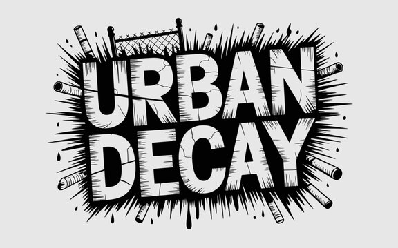 A black and white illustration of urban decay with bold typography and grunge effects