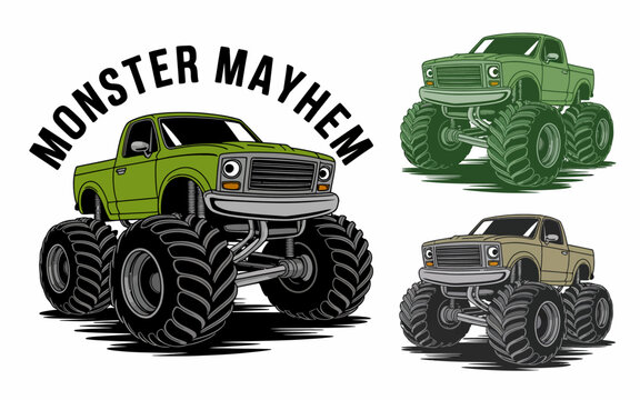 A colorful illustration of monster trucks with large tires and bold designs