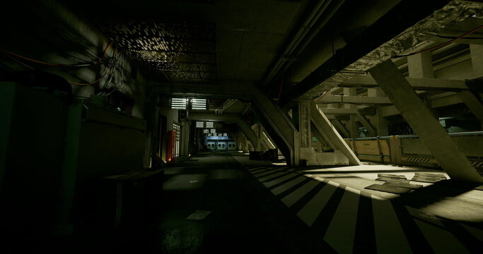 narrow industrial tunnel pierced by shafts of light and damp reflections. guard investigation implied by alarm flicker and sensor panels, distant echo and wet