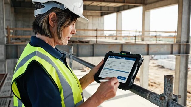 Construction worker in hard hat and high vis vest using tablet on site