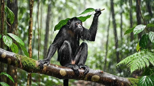 Black monkey sheltering from rain under leaf in rainforest