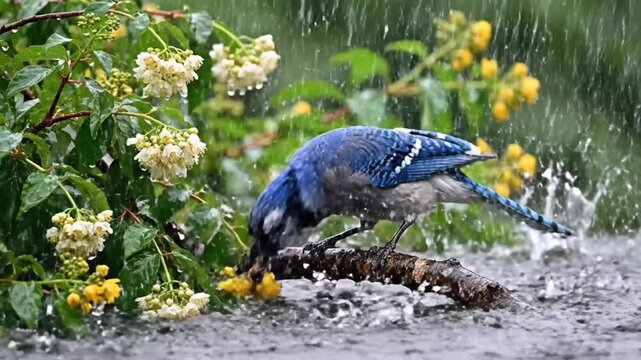 Blue Jay perched on wet branch in refreshing rain with flowers
