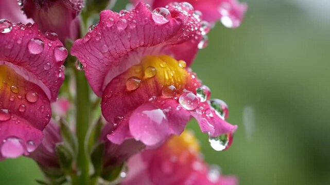 Bright pink snapdragon flowers with clear water droplets after rain