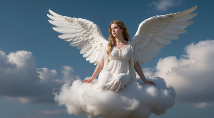 A woman with large white wings sits atop a fluffy cloud against a bright blue sky filled with scattered clouds.