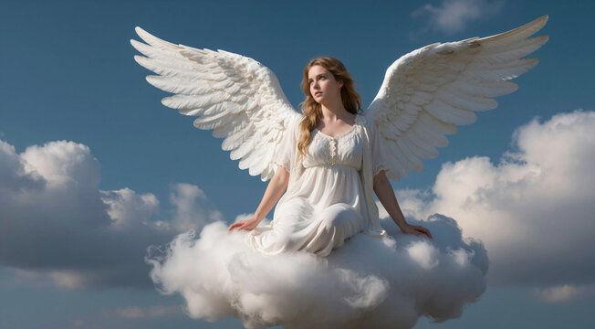 A woman with large white wings sits atop a fluffy cloud against a bright blue sky filled with scattered clouds.