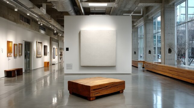 Expansive museum space, featuring a large white canvas, wood bench and framed art