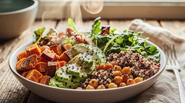 Healthy food bowl with fresh ingredients on wooden table