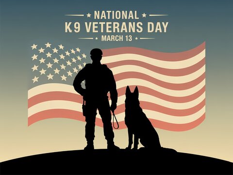 National k9 veterans day march 13 soldier and dog silhouette american flag