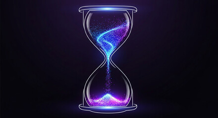Fototapeta premium Vibrant hourglass with glowing blue and purple particles flowing through