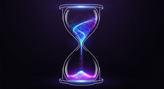 Vibrant hourglass with glowing blue and purple particles flowing through