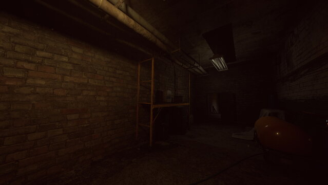 dark brick basement workshop with workbench, scattered tools and large gas cylinder, dusty corners, cobwebs and low light create gritty exploration mood