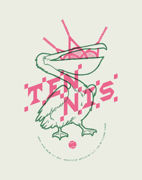 Tennis pelican. Vintage pelican with a bunch of tennis rackets in its beak. Vintage typography t-shirt print vector illustration.