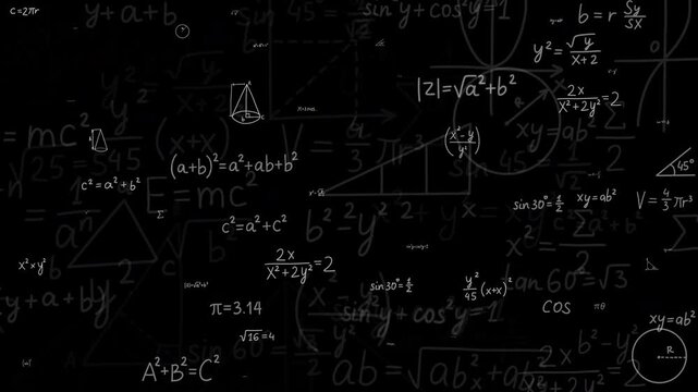 Animated mathematical formulas and geometry sketches on transparent background. Formulas appear and disappear. Handwritten white mathematical equations. Overlay for educational videos. Alpha channel