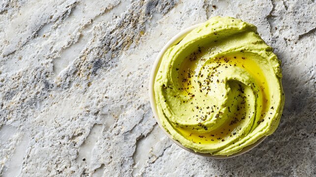 Smooth whipped guacamole garnished with olive oil drizzle and cracked black pepper, placed on a marble countertop with modern minimal styling