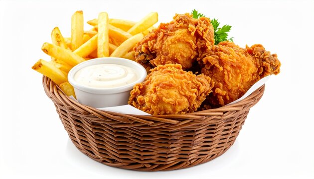 crispy fried chicken pieces with golden french frie