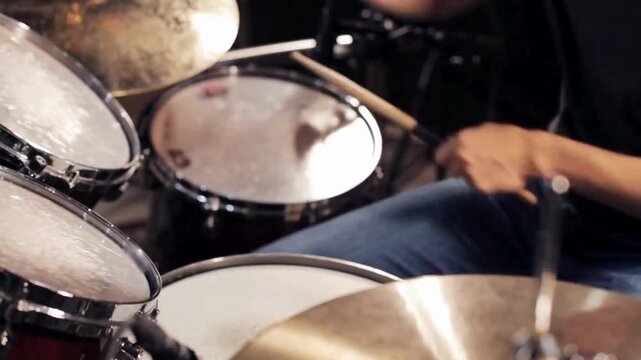 Musician with cymbal and music instrument hobby Beautiful Young Drummer Playing at a Band Rehearsal Among the items on the drum kit is a tambourine