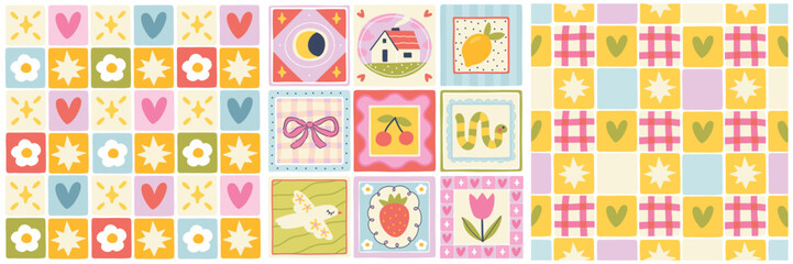Fototapeta premium Summer pattern set with cute icons and patchwork. Childish background with strawberry, house and flowers. Colorful naive doodle collection for textile, packaging and digital paper.