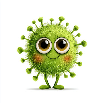 Cute green virus cartoon character with big eyes and smile