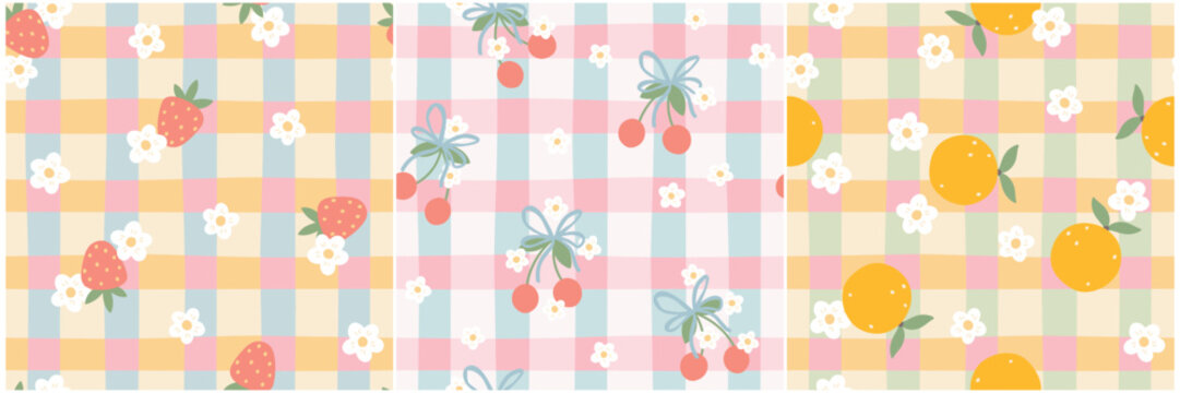 Strawberry and orange seamless pattern set on checkered background. Cute summer fruit collection with cherry, daisy and gingham texture. Modern naive doodle for kitchen textile and digital paper.