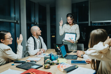 Fototapeta premium A woman presents with a tablet while colleagues listen at a conference table in a bright office. The team discusses ideas using laptops and notes in a professional, collaborative setting.