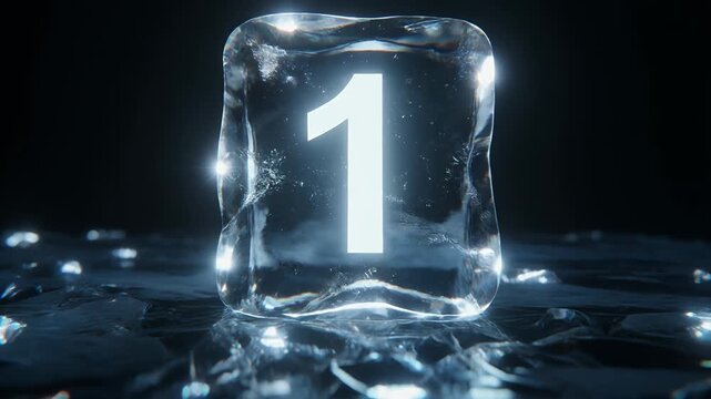 Close-up view of a transparent ice cube containing the number one, floating in water, illuminated against a black background