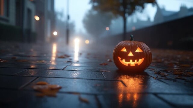 A glowing jack-o'-lantern sits on a wet, brick street with autumn leaves and a blurry, foggy background