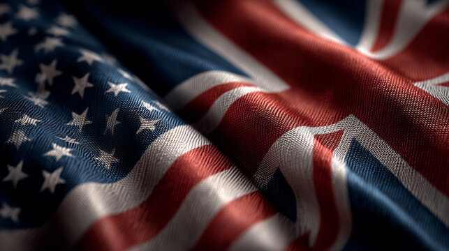 Cultural exchange event featuring american and british flags textile art indoor studio close-up view of fabric patterns