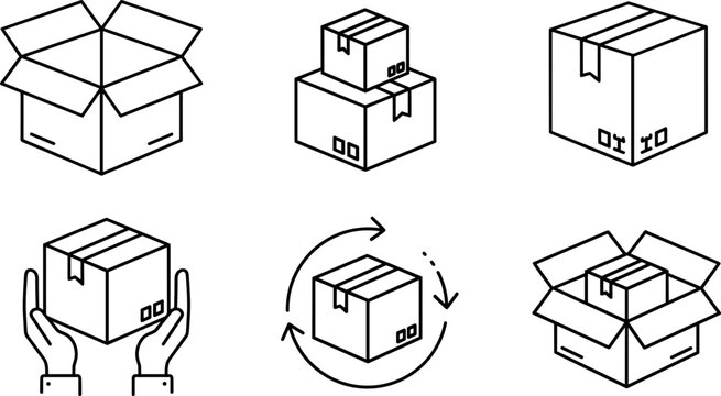 Cardboard box packaging and delivery vector icon set with open sealed recycle and handling symbols
