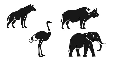 Obraz premium African Wildlife Silhouettes Vector Set: Hyena, Ostrich, Buffalo, and Elephant Icons