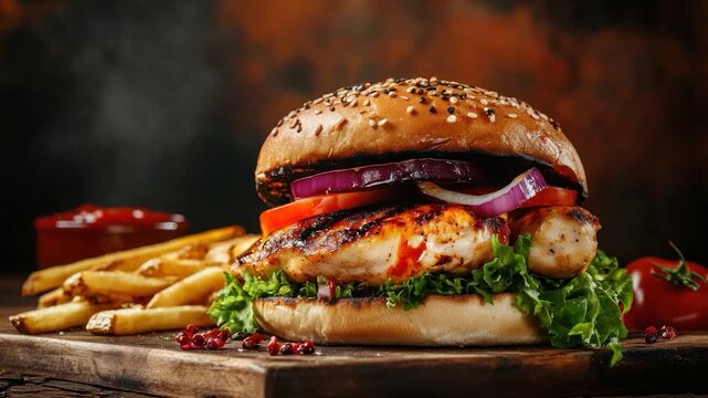 A gourmet burger with grilled meat and fresh vegetables, served with fries and condiments