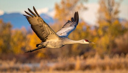 Obraz premium A Sandhill Crane soars in flight against a backdrop of fall foliage