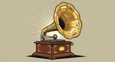 Vintage gramophone playing music with golden horn and wooden base