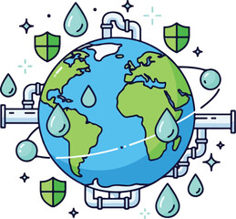 Naklejka premium Global Water Conservation Efforts Illustrated through Shields and Droplets surrounding the Earth