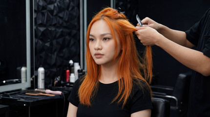 Fototapeta premium Close Up Woman Caring for Colored Hair in Beauty Salon”.