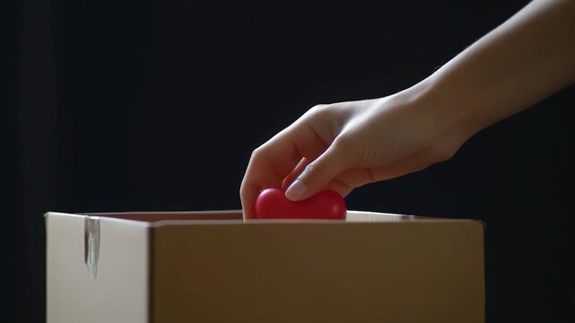 A hand places a red heart into a cardboard box against a dark background, symbolising giving