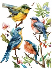 Fototapeta premium Watercolor image of birds on a white background.