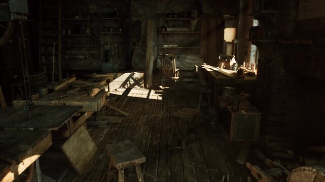 Golden sunlight across worn wood floor in cabinetmaker studio, scattered chisels and nails, steady lathe on bench, varnish bottles and polish rags, industrious