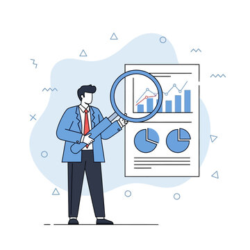 Businessman holding magnifying glass analyzing financial charts and graphs in flat vector style symbolizing data analysis and market research