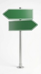 Obraz premium Two empty green arrow signs mounted on a shiny silver post, symbolizing undecided routes, new opportunities, or different directions in life, isolated on white