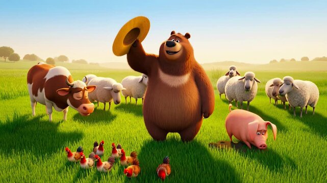 Cheerful cartoon bear tipping hat with farm animals cow sheep pig and chickens on green meadow animation