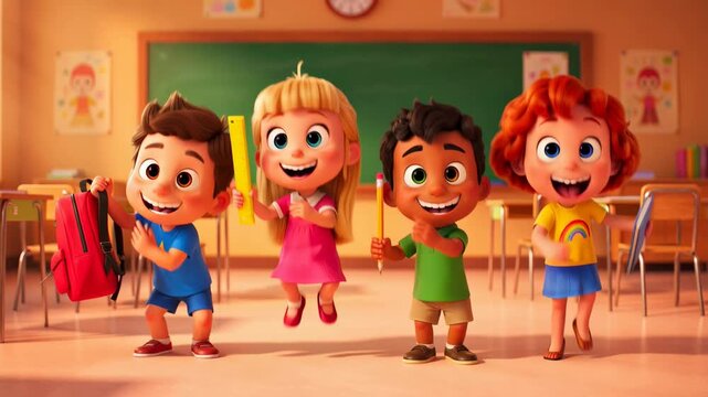 Cheerful cartoon school kids in classroom excited for learning and education animated illustration
