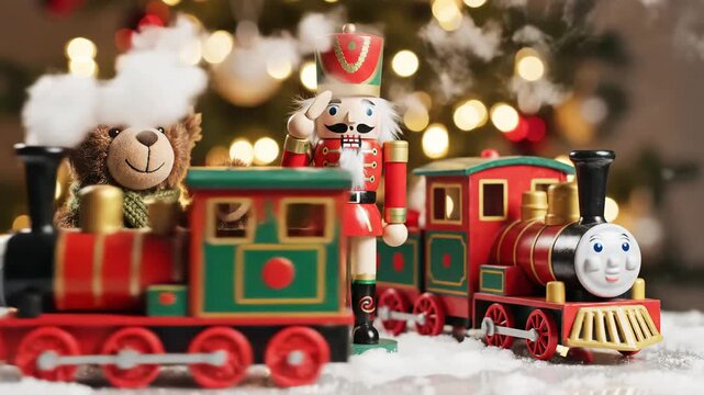 Charming Christmas Toys A Classic Nutcracker Teddy Bear and Toy Train Under a Festive Tree with Bokeh Lights.
