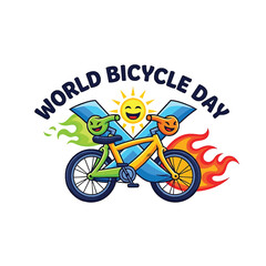 Fototapeta premium World Bicycle Day Cartoon Bicycle with sun and flames