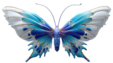 Fototapeta premium Captivating Blue Butterfly: An enchanting butterfly with exquisite wings of vivid blue and white, a symbol of transformation and beauty, gracefully displayed.